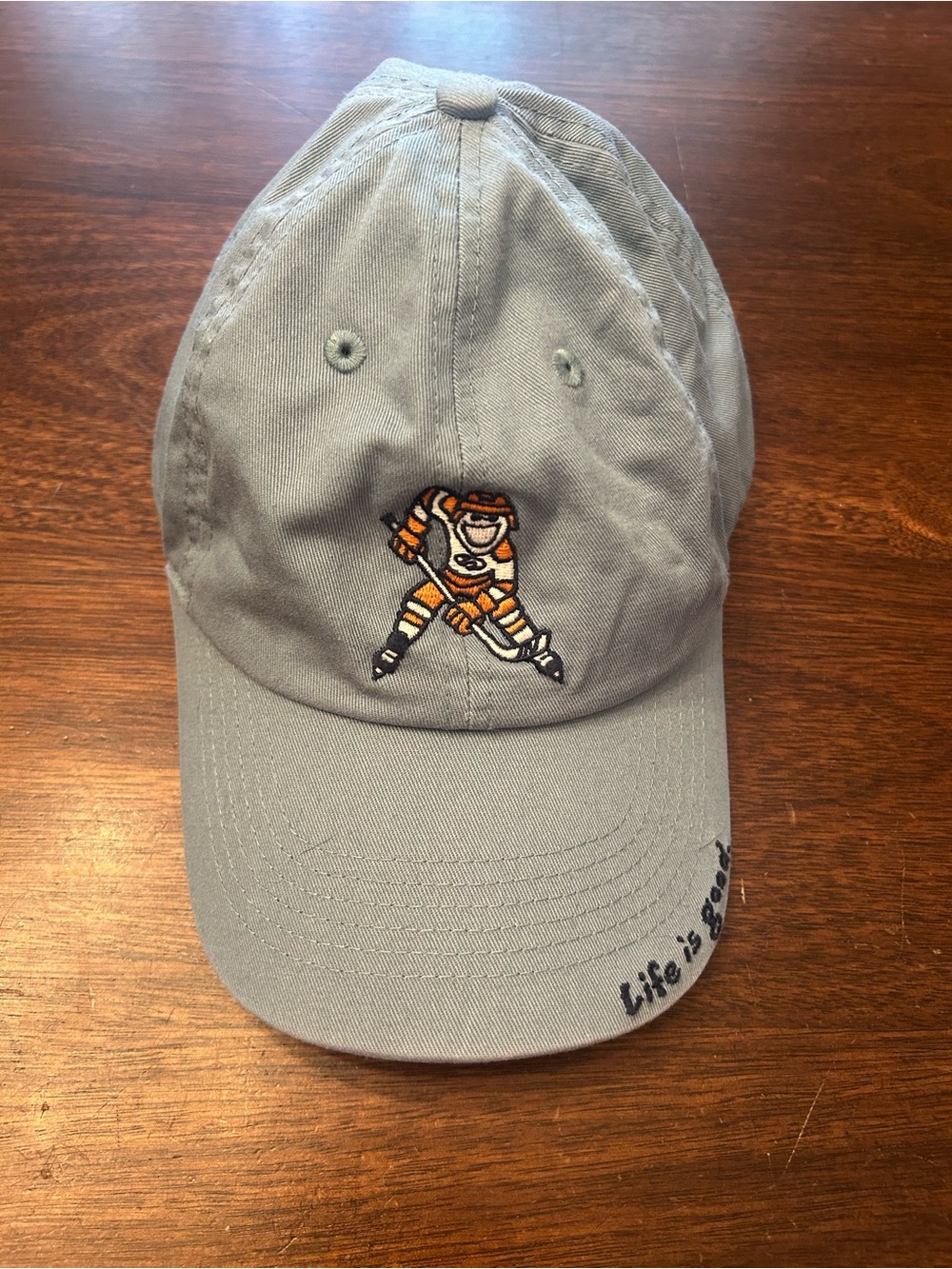 Life Is Good Gray Baseball Cap with Hockey Player Embroidery